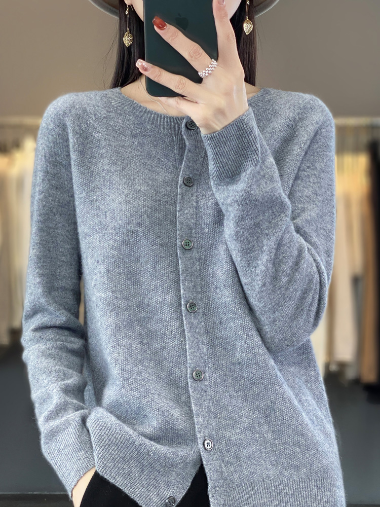 mujer 100% cárdigans de lana merina suéter de cachemira Otoño Invierno cuello redondo prendas de punto de manga larga ropa básica femenina Tops