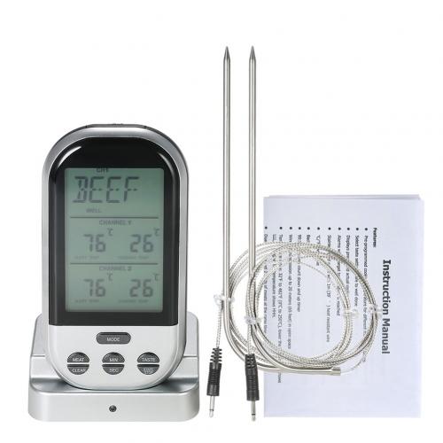 Wireless Remote Meat Thermometer Dual Probe Digital Backlight Cooking Oven BBQ Kitchen Food Thermometer Grilling Barbecue: Silver