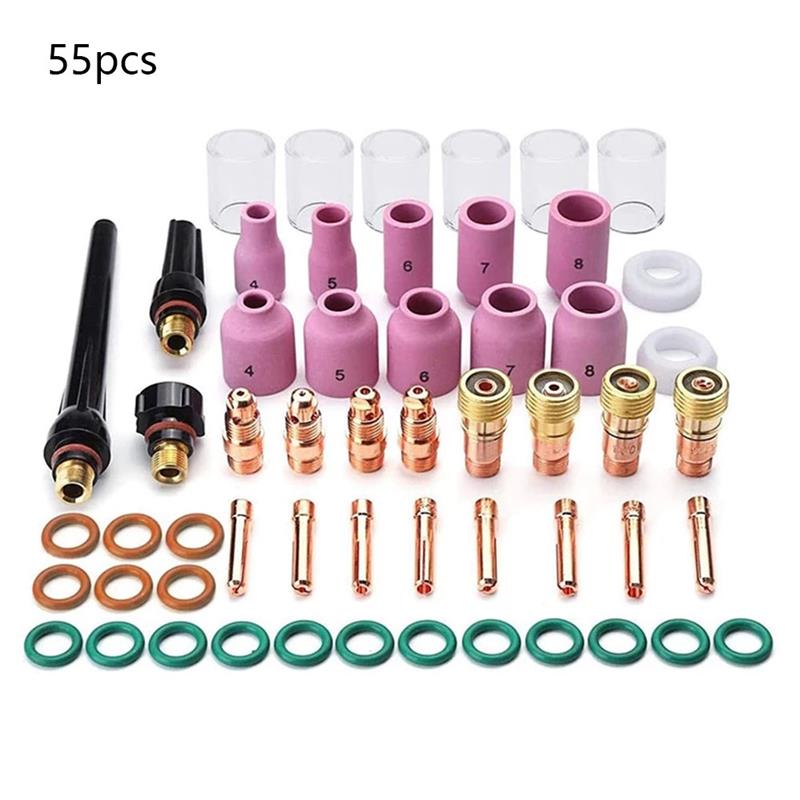 55 PCS TIG Welding Torch Accessories Kit Alumina Nozzle Stubby Gas Lens 10 Pyrex Cup Kit For TIG WP-17/18/26