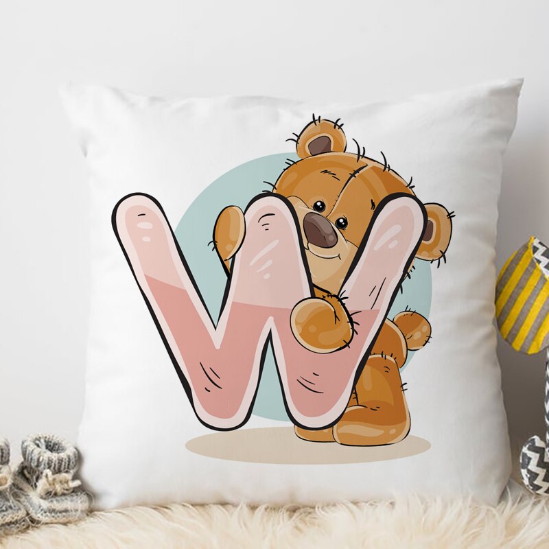 Leuke Cartoon Dier Kussenhoes Voor Kinderen Kamer Water Kleur Q-Z Engels Brief Print Kussensloop Zachte Kussensloop 45x45cm