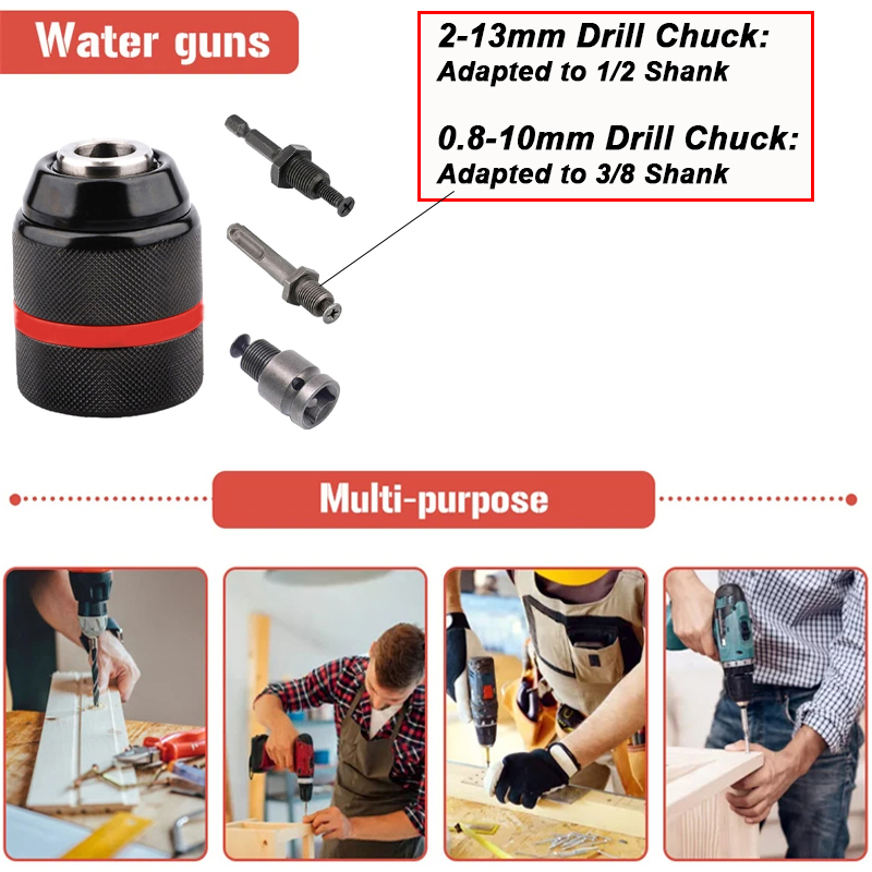 Mandril de broca de metal sem chave com rosca de 0,8-10 mm, haste sextavada/SDS/adaptador de aperto rápido quadrado, mandril para broca, chave de fenda, torneira e soquete