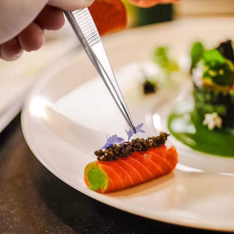 5-Piece Stainless Steel Cooking Tweezers Precision Tongs with Serrated Tips, Culinary Drawing Spoons for Plates Decorating