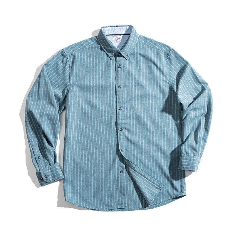 Hommes chemise américaine rétro brossé bleu pinrayure chemise à manches longues Hong Kong style japonais décontracté chemise hommes vêtements