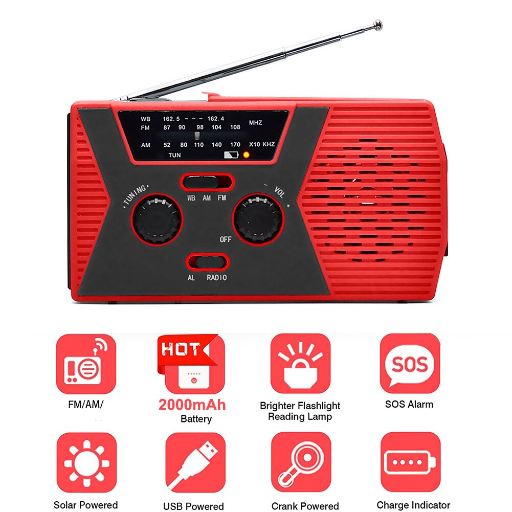 10000mAh Solar Hand Crank Radio AM/FM/NOAA Dual Speaker Stereo SOS Alarm LED Torch Flashlight Emergency Alert Power Bank: Red EU 2000mah