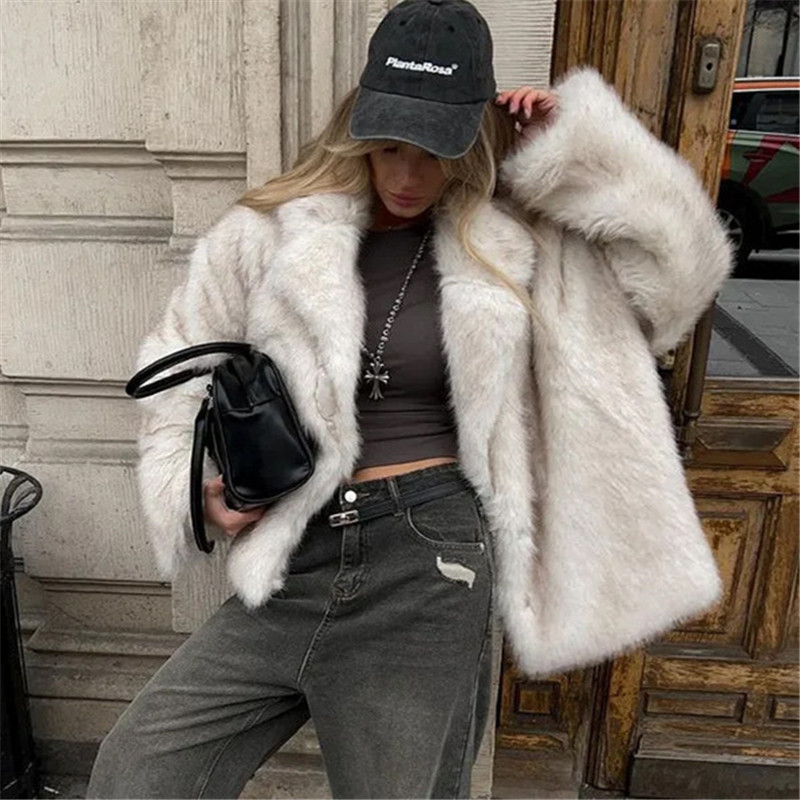 Vrouwen namaakbontjassen met lange mouwen, streetwear vest, jassen, kraagvorm, elegante dikke warme losse jas, effen herfst winter: XL / Beige