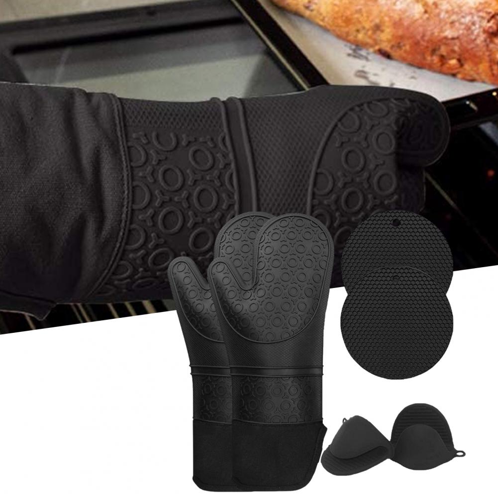 5Pcs/Set Oven Mitts Flexible Heat Insulation Silicone Extra Long Mittens Gloves Pot Holders Placemat for Kitchen
