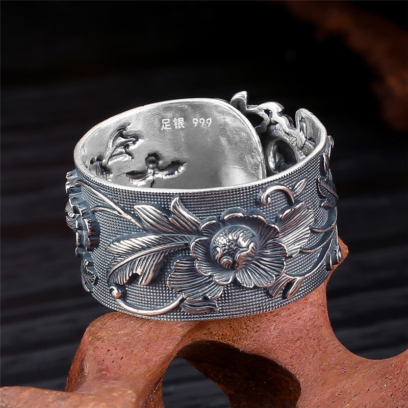 V.ya retro pioenroos bloem 990 sterling zilveren ringen voor vrouwen verstelbare thaise zilveren ring vintage sieraden