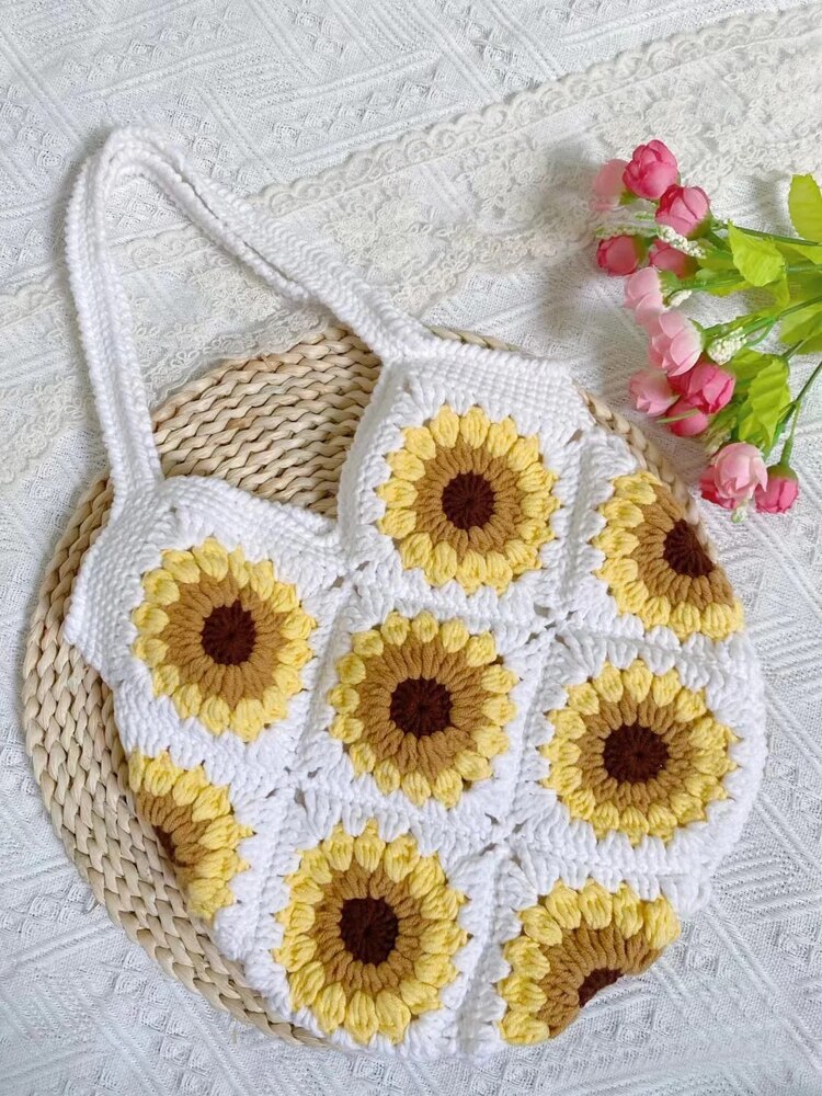 TPRPYN – Kit de Crochet de sac de tournesol avec fil, sac à bandoulière carré de grand-mère, bricolage fait à la main, sac à main patchwork