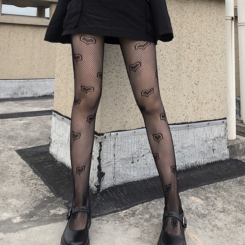 Women Fishnet Heart Pringting Tights Transparent Black Logo Tights Hollow out Moon print Pantyhose Thin Stockings: black love