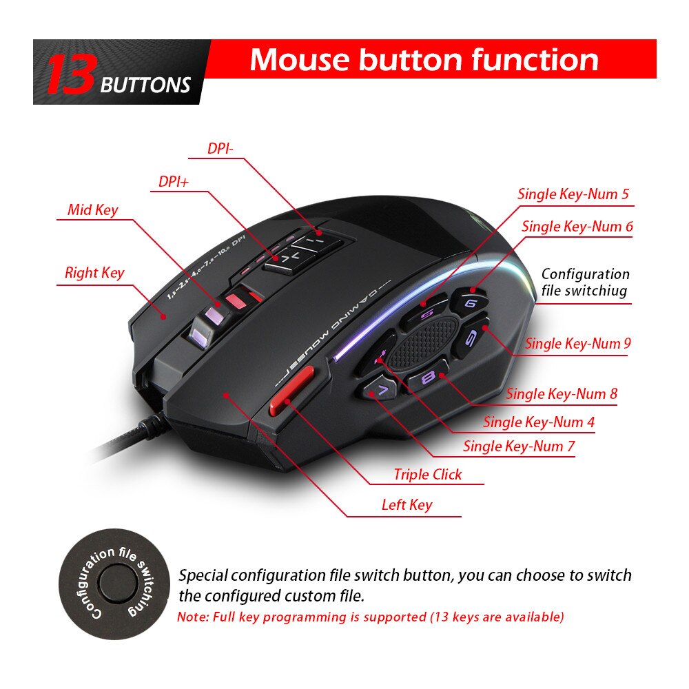 Zelotes C13 Gaming Mouse 10000 DPI 13 Programmable Buttons RGB LED Light Mice 5 DPI Options 13 Programmable Button Colorful