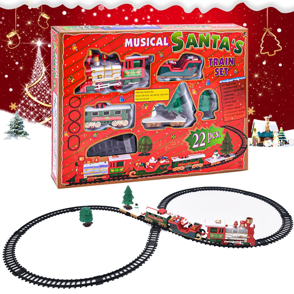 Lichten En Geluiden Kerst Trein Set Railway Tracks Speelgoed Xmas Trein Elektrische Spoorweg Trein Set W/Locomotief Motor auto #: B with a red box