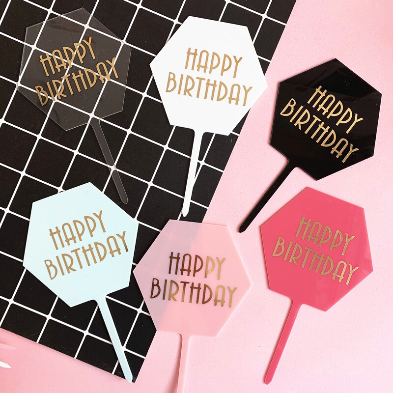 Happy Birthday Cake Topper Black White Transparent Acrylic Birthday Party Dessert Decoration For Baby shower Baking Supplies