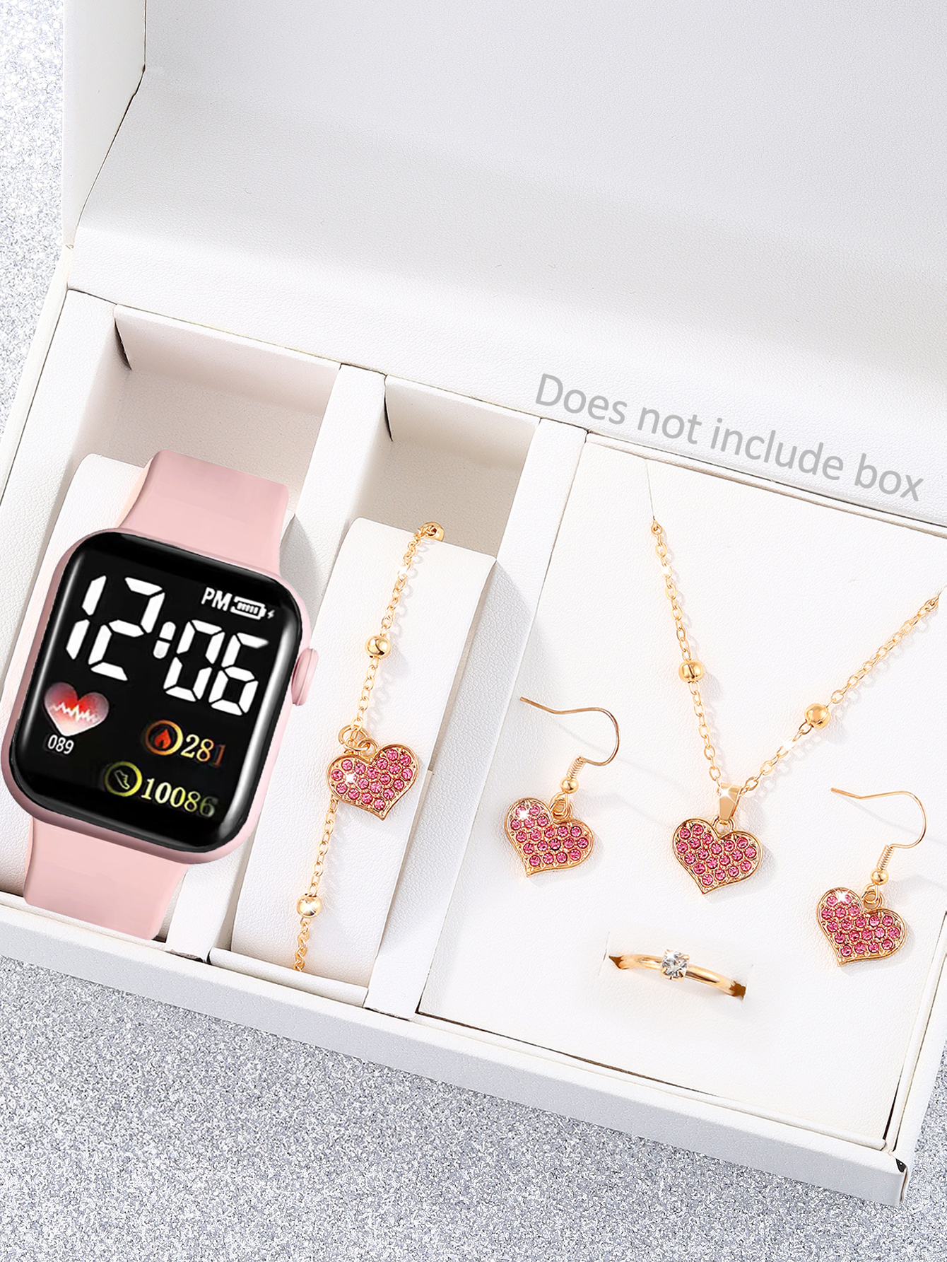 Reloj digital deportivo simple rectangular de silicona para mujer, color rosa, con corazón, collar completo de diamantes, de cumpleaños