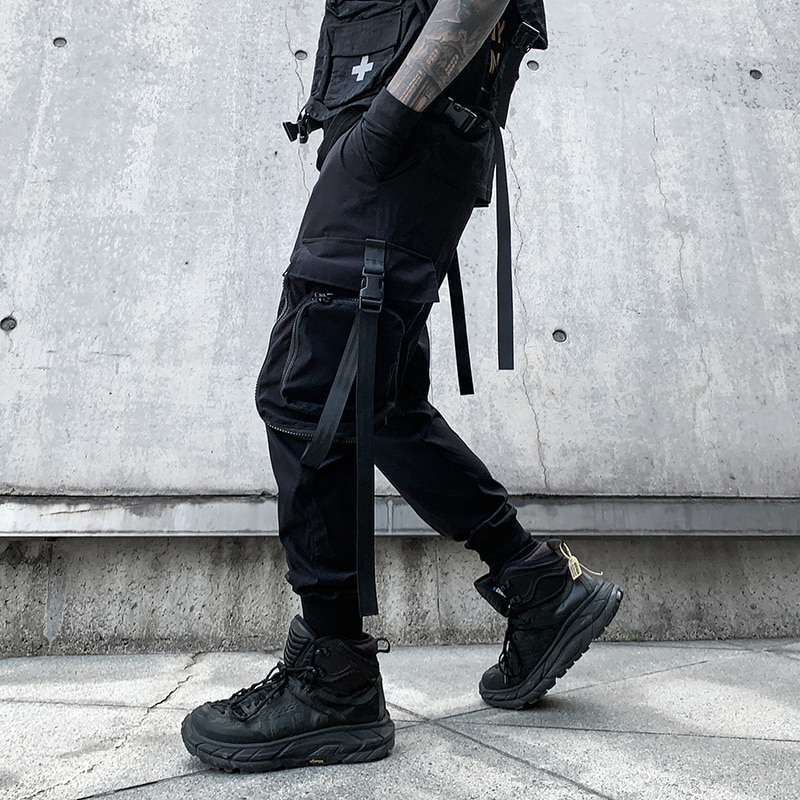 Zipper Big Pockets Ribbons Hip Hop Men's Harem Ripped Sweatpants Joggers Trousers Male Punk Full Length Pencil Pants