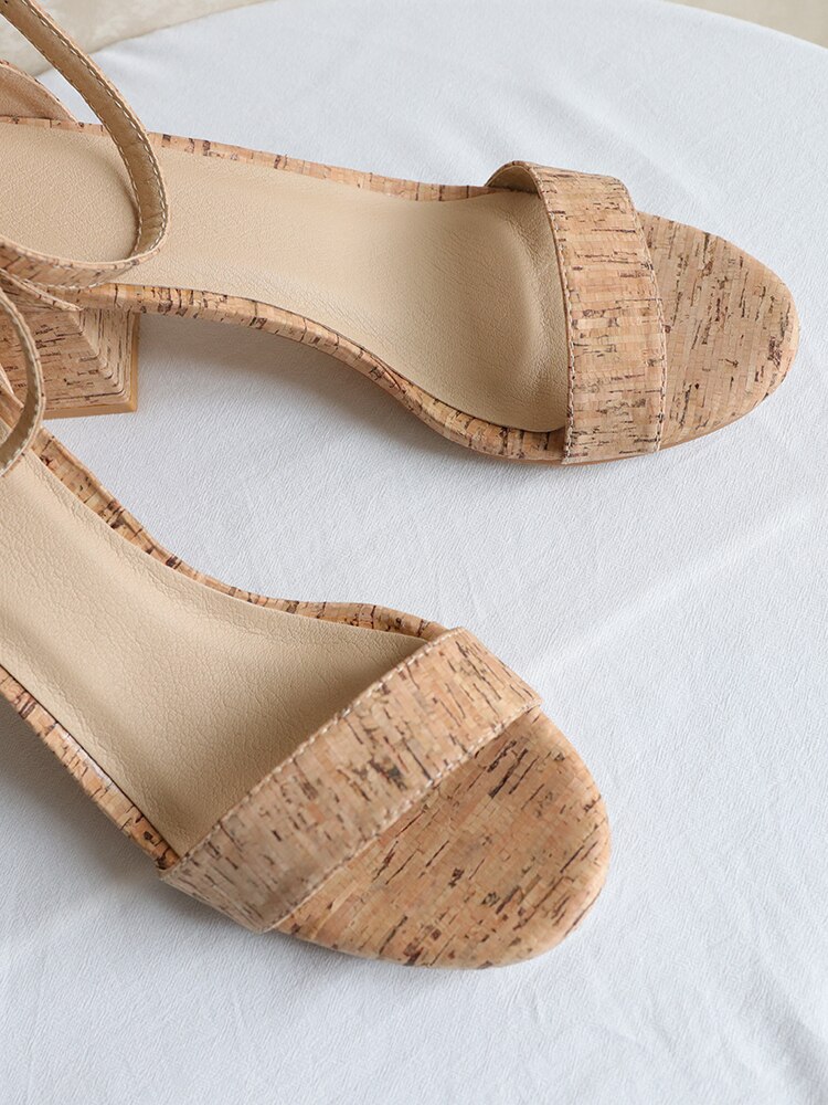 Women sandals cork upper Strappy Chunky Block Sandals Ankle Strap Open Toe mid height heel for Office Shoes Sandals
