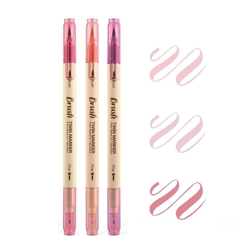 3 pçs highlighter caneta retro dupla cabeça escova caneta criativa arte marcador desenho pintura aquarela material escolar papelaria: B