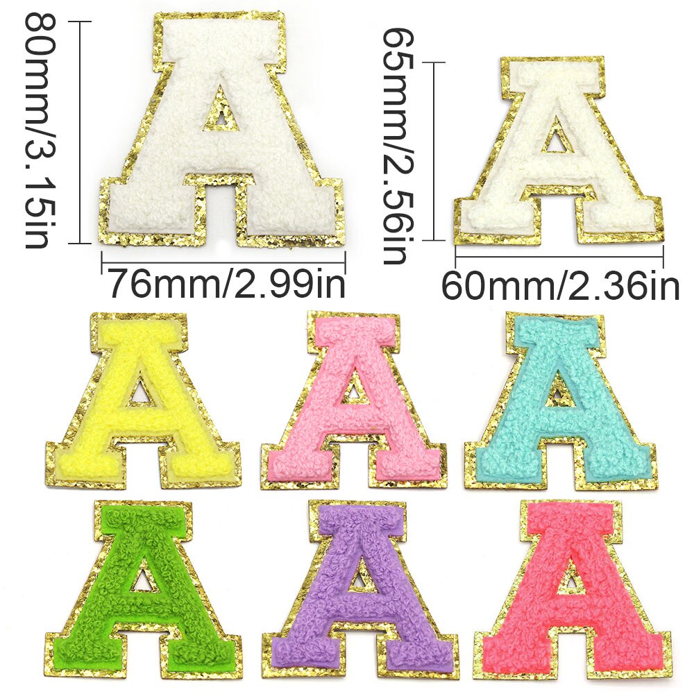 Parche con letras bordadas de rosas grandes de 80MM para ropa, parches de chenilla con lentejuelas doradas, apliques para planchar, camiseta con nombre DIY, pantalones vaqueros