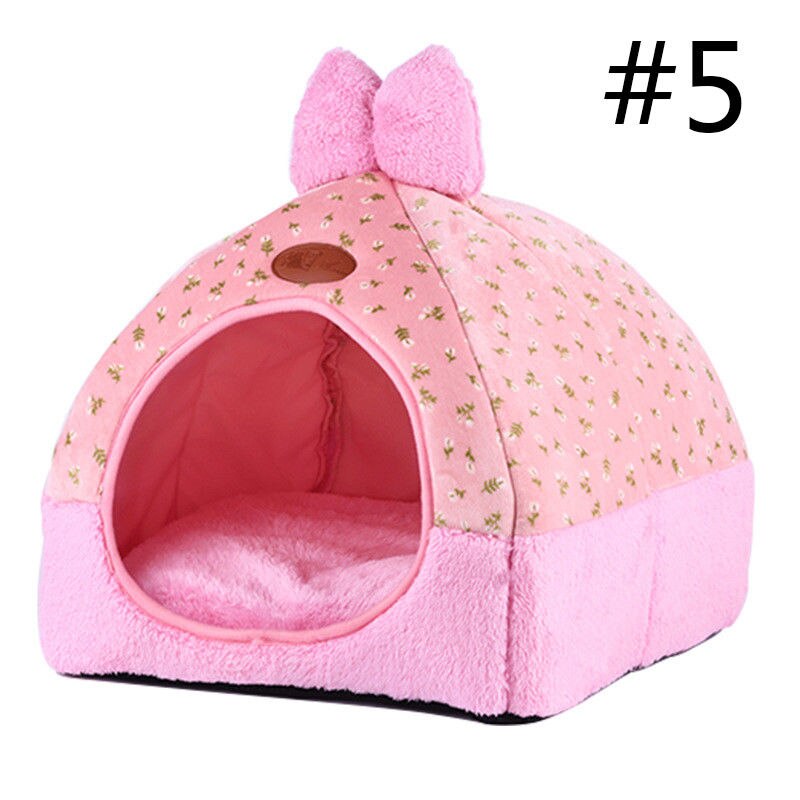 Blød varm kæledyr kat hund vintermåtte seng kat telt hus foldbar kennel hule leopard print hus til katte hunde sover: Bue knude lyserød / 44 x 44 x 50cm