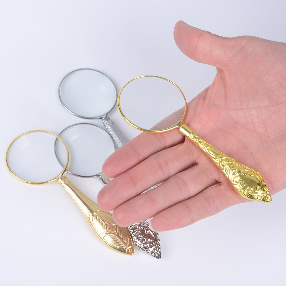 5X Gold 45mm Diameter Magnifier Glass Lens Metal Glass Mirror Flower Magnifier Complex Pattern Handle Magnifying Glass Loupe