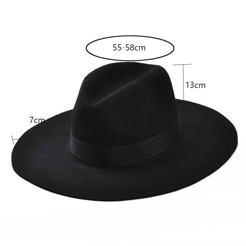 Classic 100% Wool Fedora Hat large Brim Ribbon Hats for women Men Floppy Top Hat