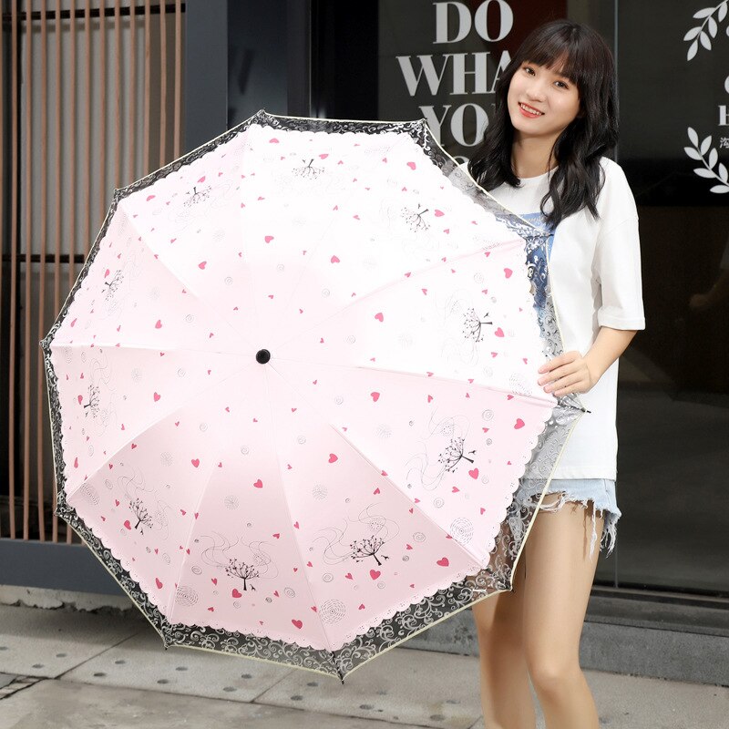 Fashionable Lady Parasol with Lace Trim Folding UV Protection Sun Umbrella