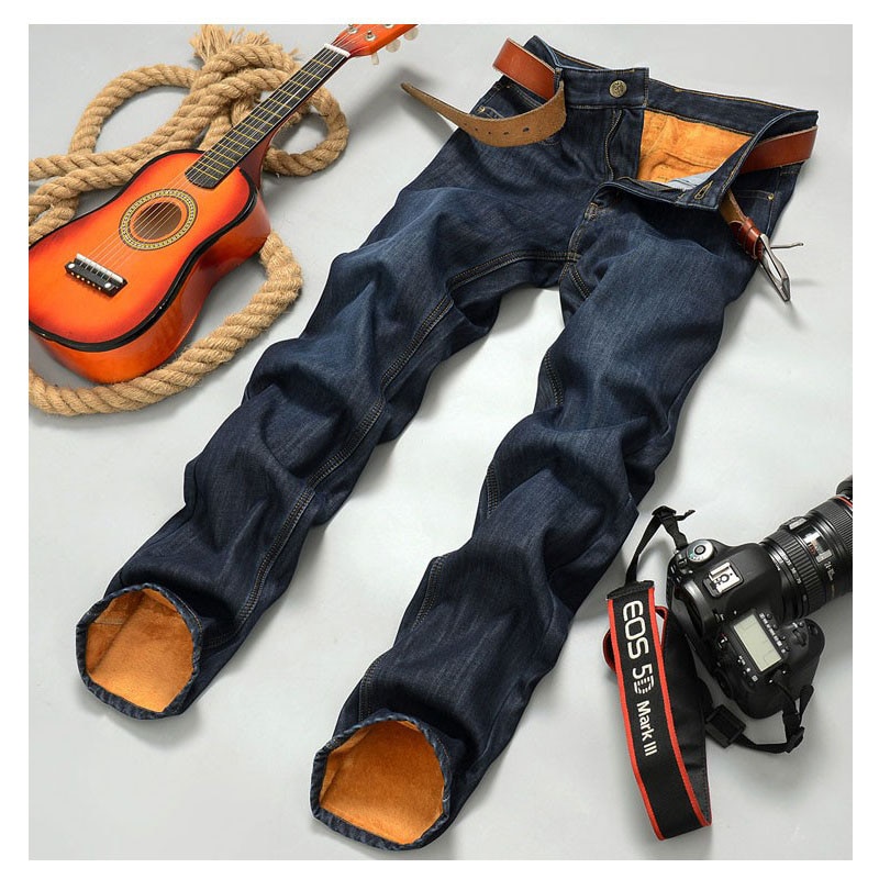 Mænds vintervarme plus velour straight jeans klassiske tykke fleece denimbukser til mænd plus store bukser