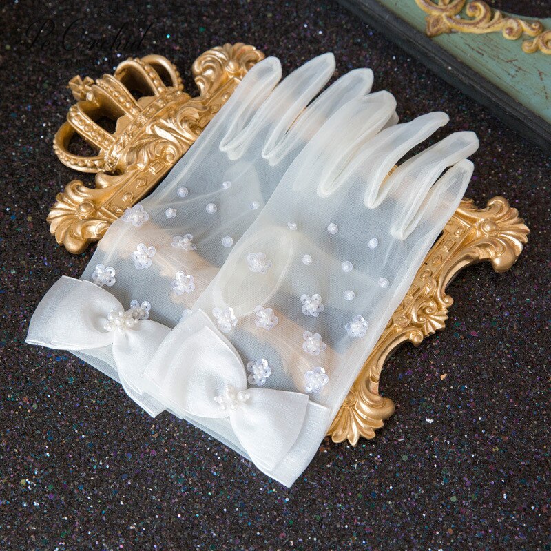 PEORCHID Bridal Gloves Wedding Short Gloves Pearl Sequins Mesh Full finger Women Party Gloves Gant Mariage Femme