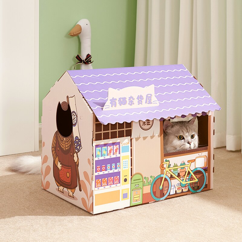 Rascador de cartón para gatos, casa de juguete para gatos, poste para gatos, rascador: F