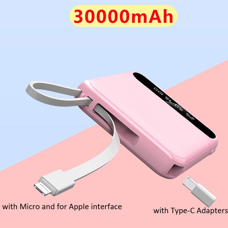 30000Mah Mini Power Bank Met Digitale Display Draagbare Lading Powerbank Ingebouwde Kabels Externe Batterij Fast Charger Voor Iphone