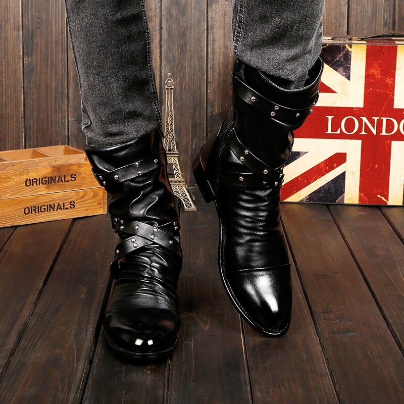 Botas de cuero con hebilla de cinturón para hombre, zapatos góticos con remaches de Metal, por debajo de la rodilla, para primavera y otoño, YD-EVER