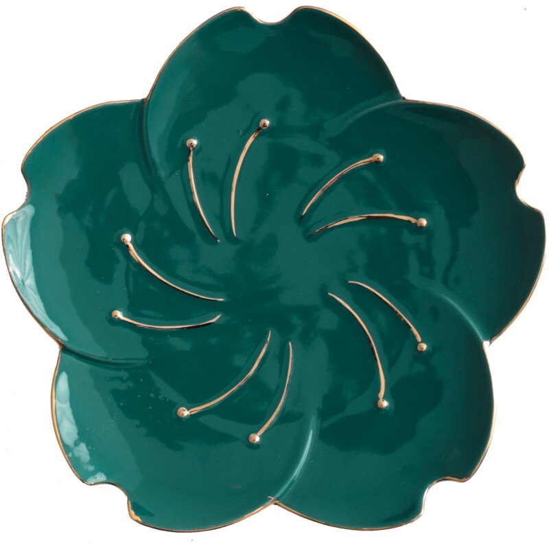 Green Ceramic Tableware Salad Bowl with Gold Edge Flower Shape Plate Chinaware Dim Sum Dishes Steak Western Food Flavor
