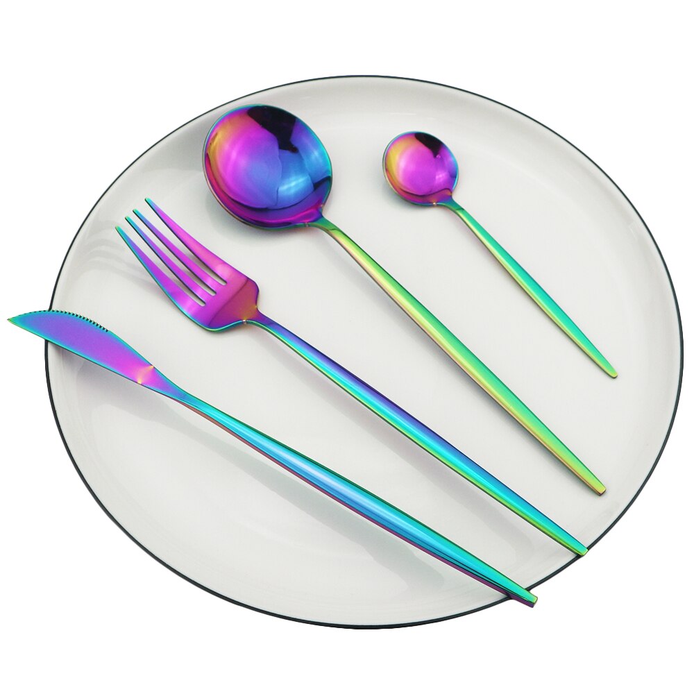 Silver Cutlery Set Stainless Steel Dinnerware Set Knife Dessert Fork Coffee Spoon Dinner Set Kitchen Tableware Silverware Set: 4Pcs Rainbow