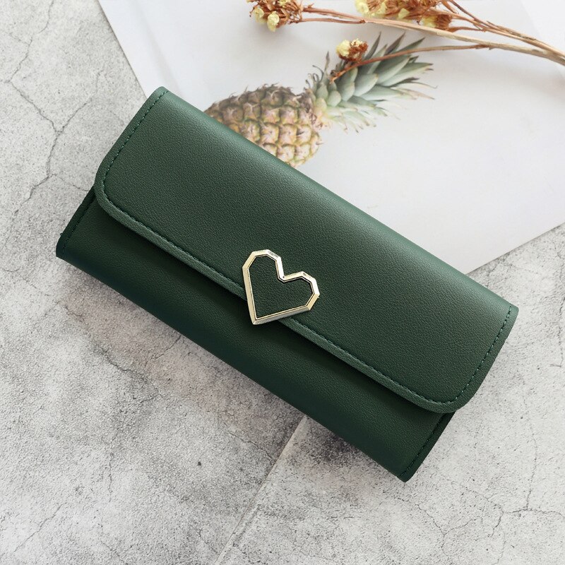 Cute PU Leather Purse Heart-shaped Decoration Long Multi-card Wallet Purse Buckle Clutch Mobile Phone Student Women's Wallet: Army Green