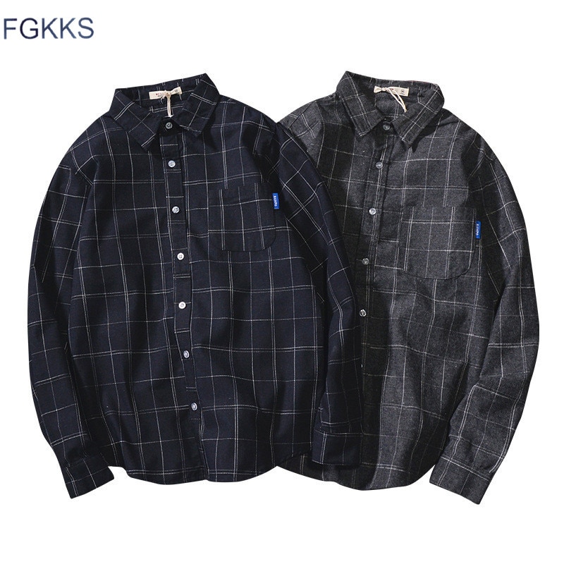Fgkks casual märke män rutiga skjortor våren herr nedfällda skjortor med krage manliga långärmade skjortor