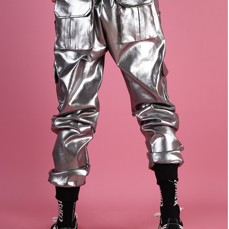 Pantalon Cargo en simili cuir argenté pour homme, vêtement à poches, ample, décontracté, pour scène de Bar, chanteur de Rock, Hip Hop, danse,