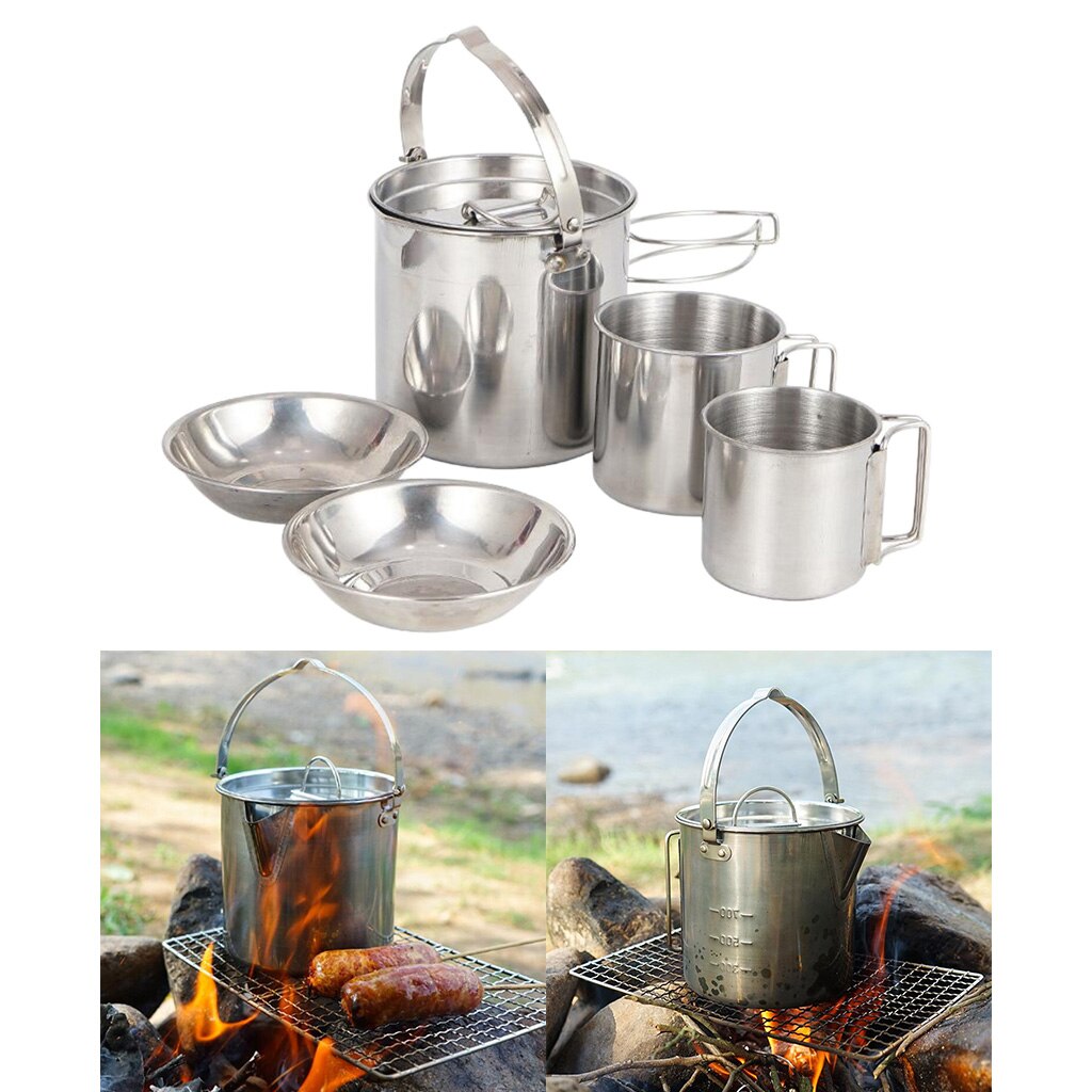 Batterie de cuisine de Camping-feu de camp Barbecues marmite de plage, randonnée à l'extérieur bouilloire suspendue et tasses avec poignée pliante
