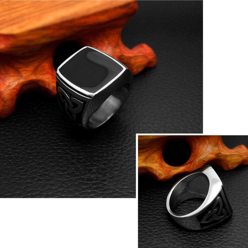Vintage sorte onyx stenringe punk titanium stål firkantet ring mænd sølv farve til mandlige smykker vintage bryllupsfest