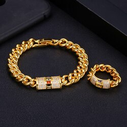 Accking Micro pave chain AAA cubic zircon bracelet ring bangle copper multicolor for women Jewelry: 18k gold set