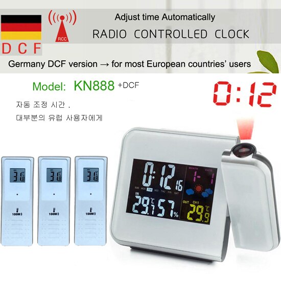 Projection Alarm Clock Weather Station with Temperature Thermometer Humidity Hygrometer/Bedside Wake Up Projector Clock: WHITE-RCC-3 Sensors