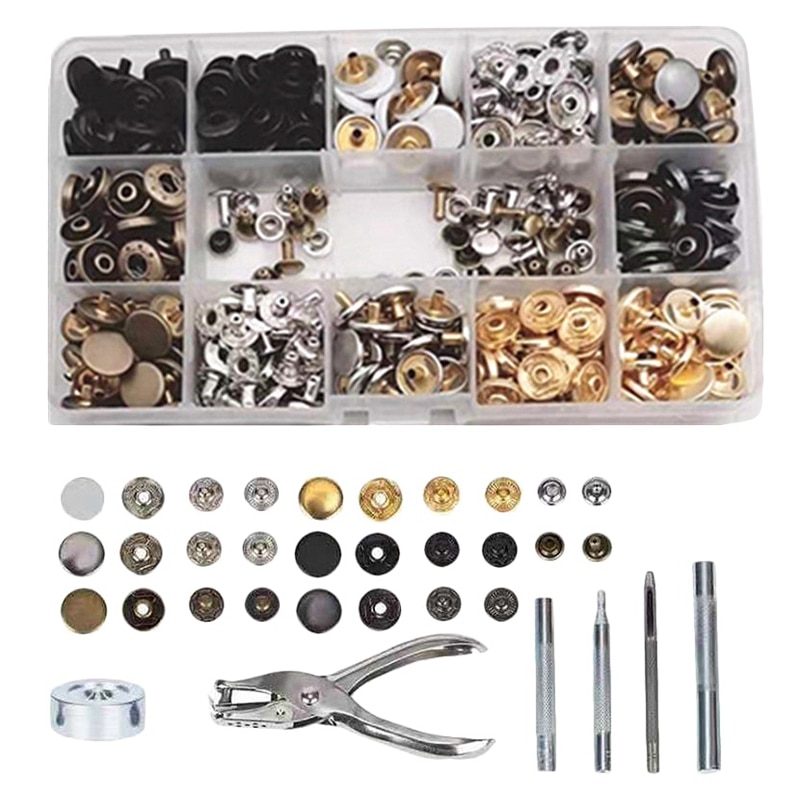 120Pcs Snap Fasteners Kit + 20Pcs Double Cap Rivet Buttons + 6Pcs Fixing Tools DIY Handcraft Tool for Leather,Clothes,Wallet Etc