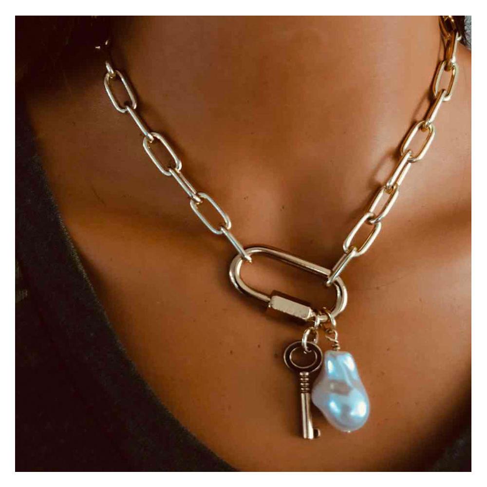 Lislesp Einfache Unregelmäßigen Simulierte Perle Schlüssel Anhänger Choker Für Frauen Punk Kragen Aussage Halskette Partei Schmuck Collier