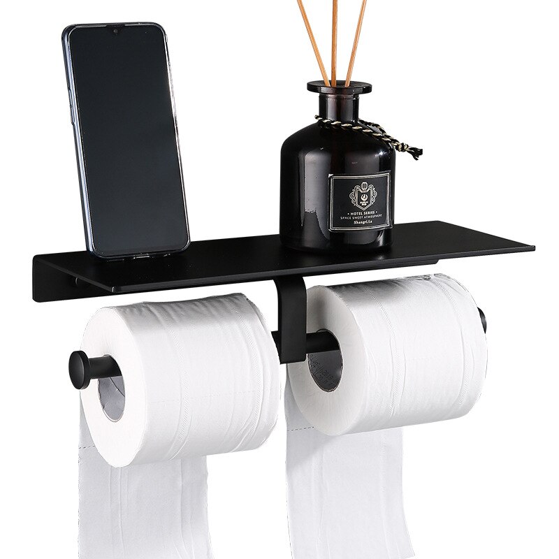 Matte Black Double Toilet Roll Paper Holder Bathroom Accessories WC Towel Holder Rack Shelf Aluminum Material