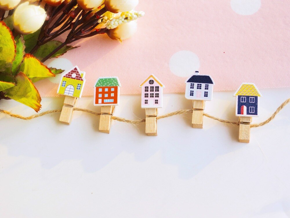 10 Pcs/Lot w22 Little House Album Clothespin Craft Party Decoration with Hemp Rope Wood Paper Clip