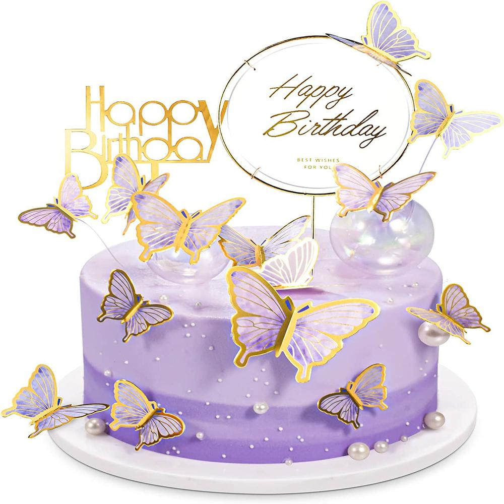 22 piezas de decoraciones de mariposas con adornos acrílicos para tarta para decoración de de cumpleaños, boda y Baby Shower: Morado