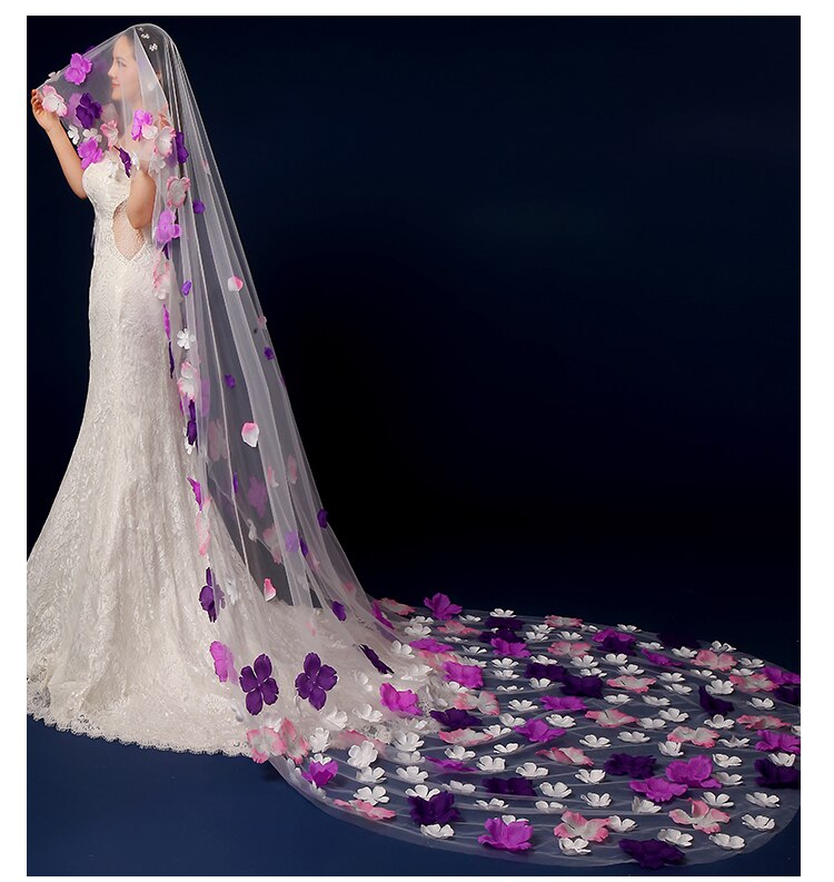 Novo 3 metros uma camada colorido pétala véu nupcial acessórios do casamento noiva mantilla véu de casamento
