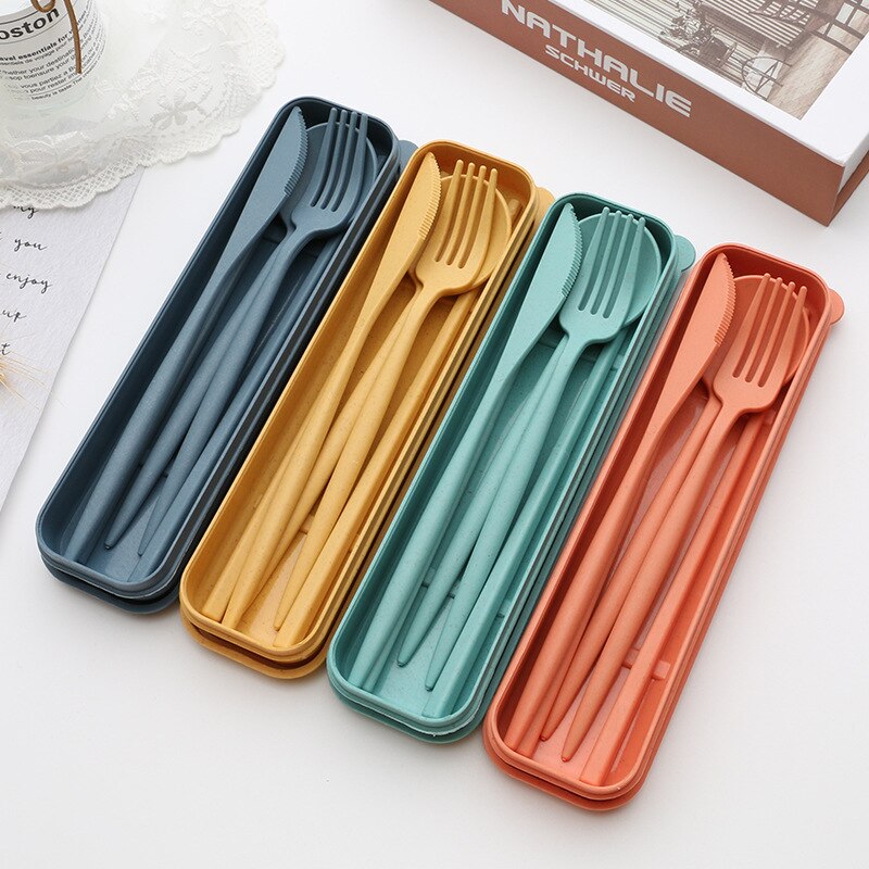 Couverts portables de voyage, boîte de couverts portables de voyage Style japonais couteau à paille de blé fourchette cuillère baguettes pour étudiants service de vaisselle de cuisine 4 pièces/ensemble