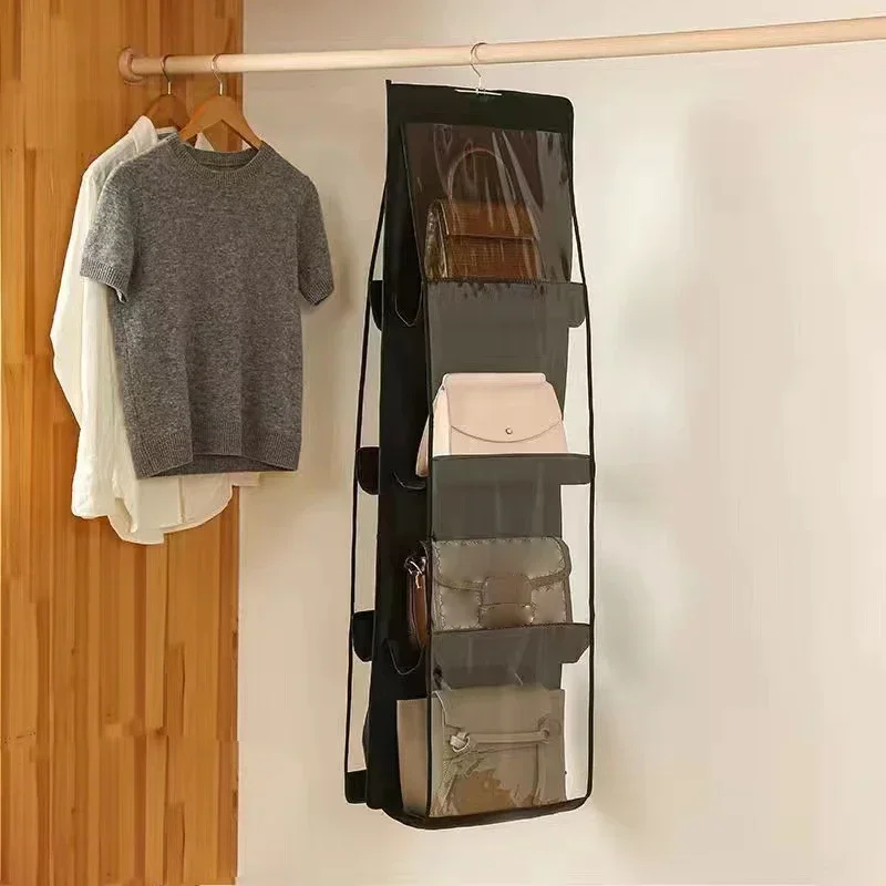 6/8 Grid Handbag Hanging Organizer Multi-layer Foldable Dustproof Oxford Cloth Handbag Storages Bags For Family Closet Bedroom: DARK GRAY