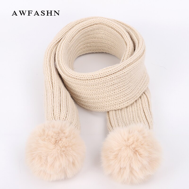 Bufanda de punto con pompón de Color sólido para niños, bufandas de algodón para niño y niña, envolturas de pañuelo de lana para bebé, novedad de