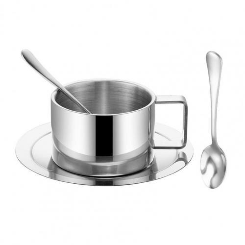 Stainless Steel Double Layer Coffee Cups Mug And Saucers Spoon Sets With Box Tea Soy Milk Breakfast Mugs Dessert Plate: 180ml