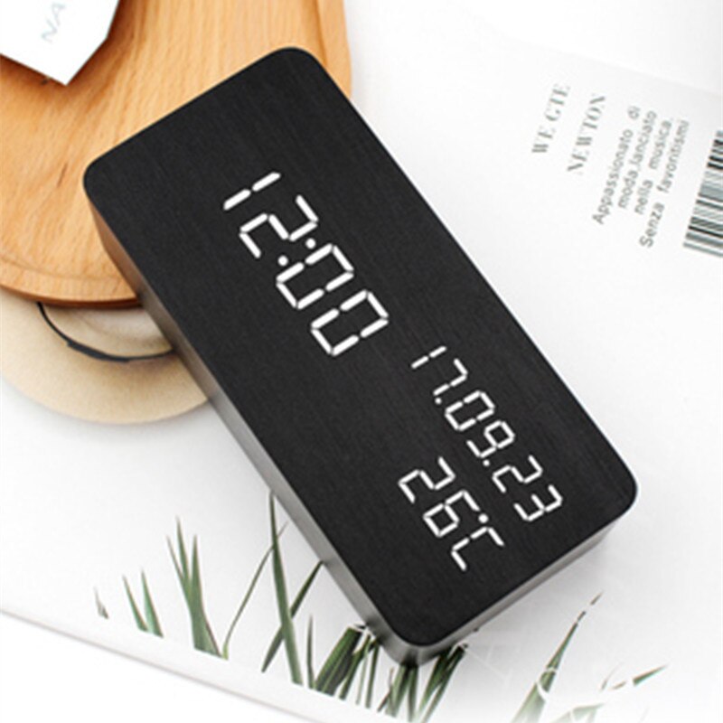 Wooden Snooze Table Digital Clock Bedroom Desk Electronic Clock with Date/Time/Week/Temperature Display Rectangle White Light